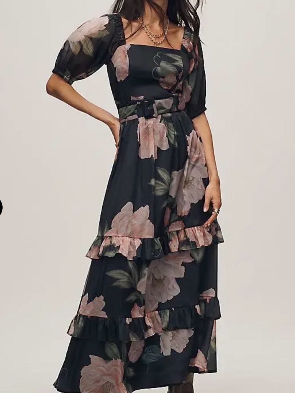 Anthropologie Black Midi Dress with Pink Floral Print xxsp